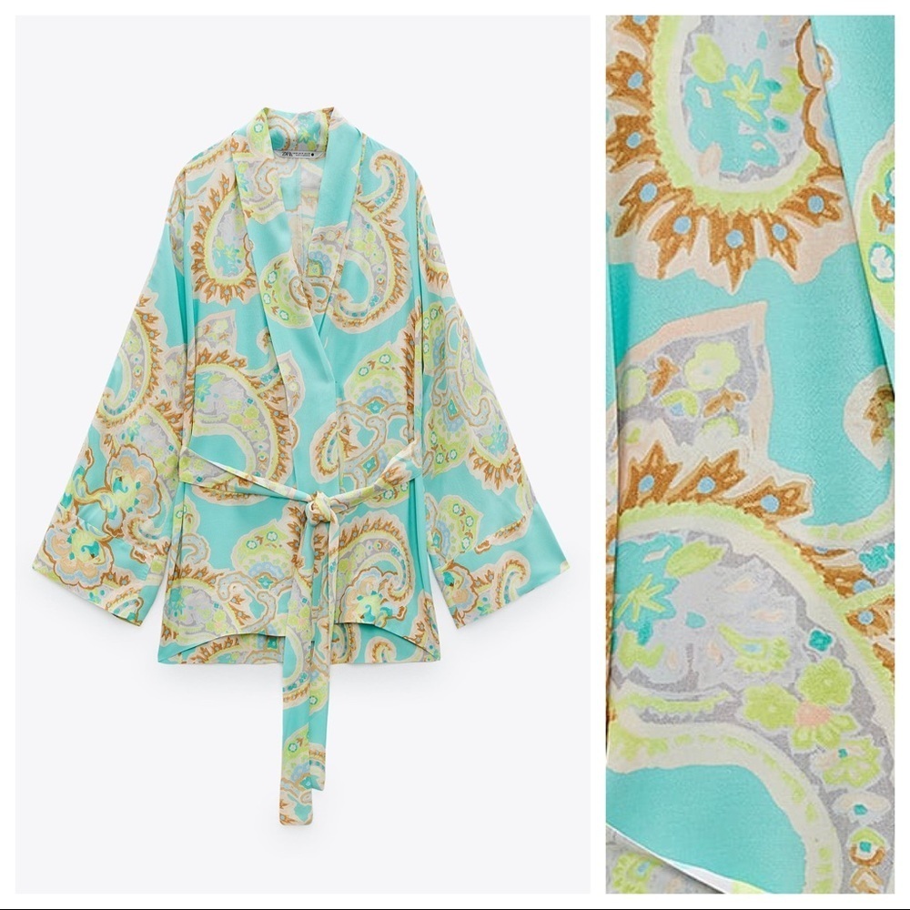 NWOT. Zara Printed Flowing V-neck Blouse with Bow. Size M. - Picture 3 of 7